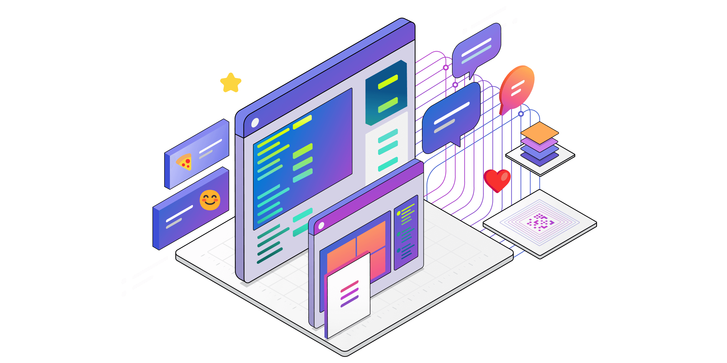 Uma ilustração isométrica de componentes técnicos para serviços do Teams.