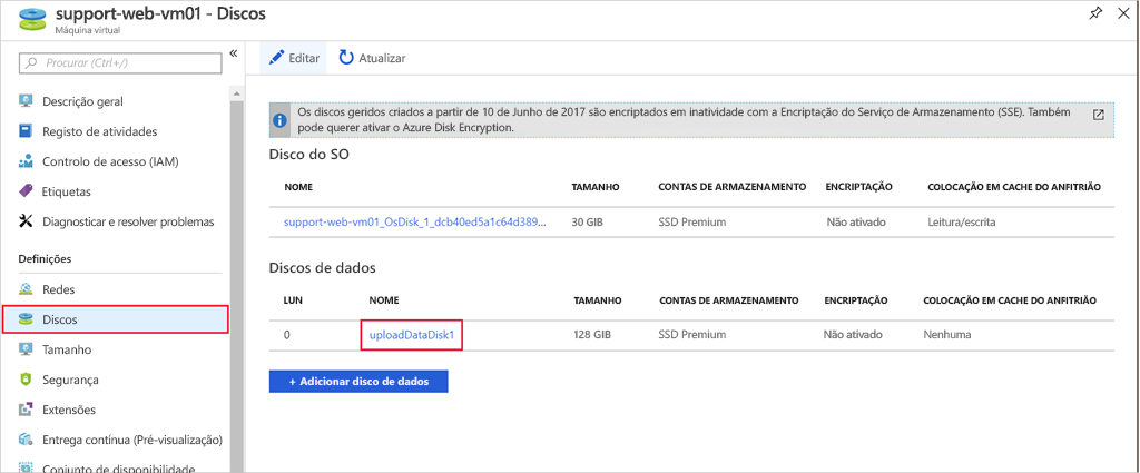 Captura de ecrã a mostrar a secção de discos de uma VM com o VHD que pretendemos editar destacado.