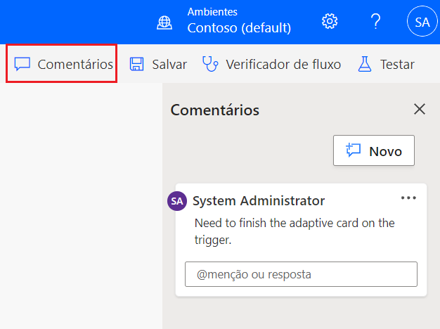 Captura de tela mostrando o painel Comentários no lado direito da tela.