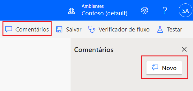 Captura de tela mostrando o botão Novo no painel Comentários, no qual você pode adicionar um novo comentário.