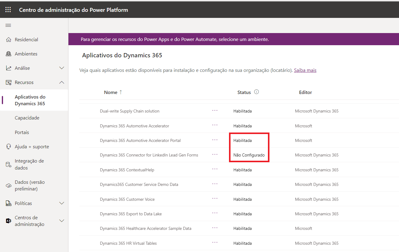 Captura de tela da exibição de locatário de Gerenciar aplicativos com os status Habilitado e Não Configurado.