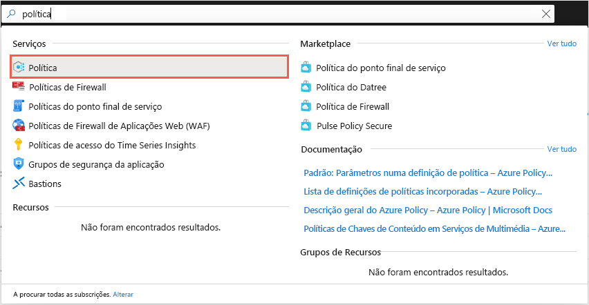 Captura de ecrã da caixa de pesquisa geral do portal do Azure com um resultado que mostra o serviço de Política do Azure.