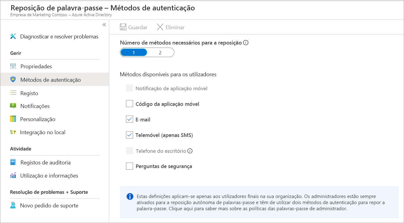 Captura de ecrã da opção Métodos de autenticação do painel Reposição de Palavra-passe selecionada, a mostrar um painel com opções de autenticação.