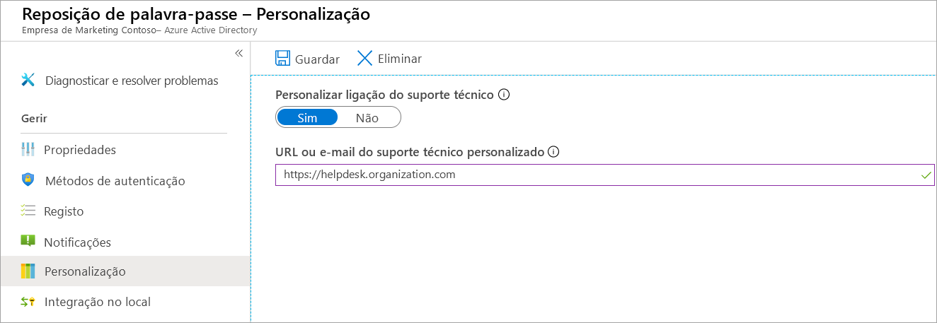 Captura de ecrã da opção Personalização do painel Reposição de Palavra-passe selecionada, a mostrar um painel com opções de suporte técnico.