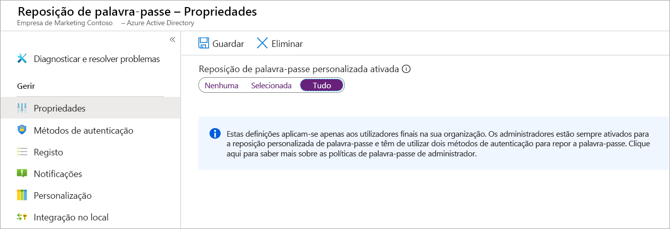 Captura de tela do painel de configuração Redefinição de senha. A opção Propriedades está selecionada permitindo que o usuário habilite redefinições de senha de autoatendimento.