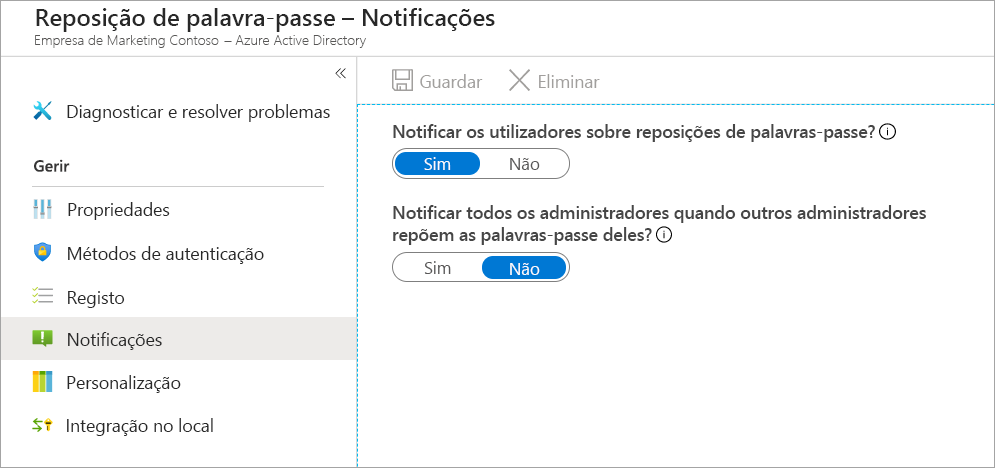 Captura de ecrã da opção Notificação do painel Reposição de Palavra-passe selecionada, a mostrar um painel com opções de notificação.