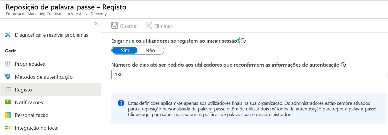 Captura de ecrã da opção Registo do painel Reposição de Palavra-passe selecionada, a mostrar um painel com opções de registo.