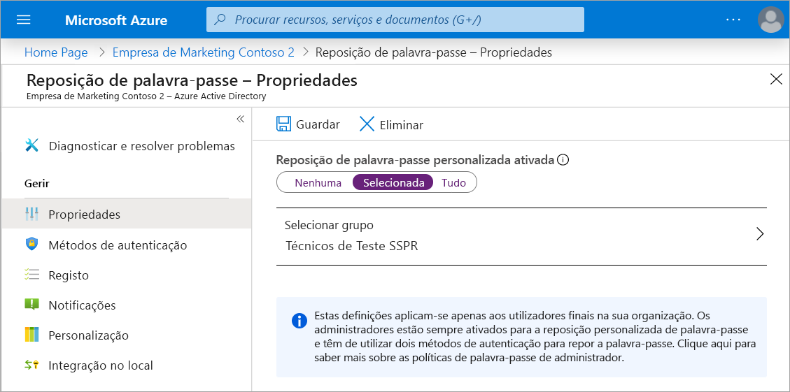 Captura de ecrã do painel de propriedades Reposição de Palavra-passe com a SSPR ativada e o grupo selecionado definido para SSPRTesters.