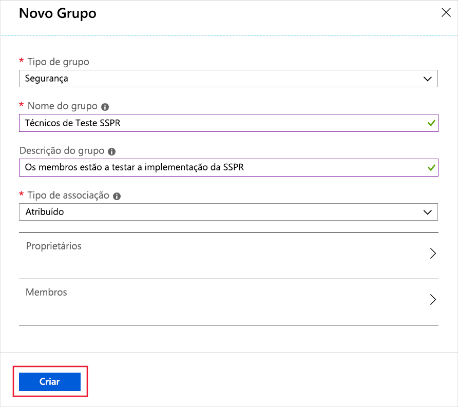 Captura de tela que mostra o novo formulário de grupo preenchido e o botão criar realçado.