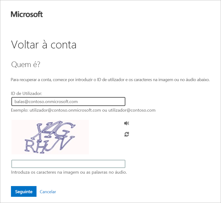 Captura de ecrã a mostrar a caixa de diálogo de reposição de palavra-passe.