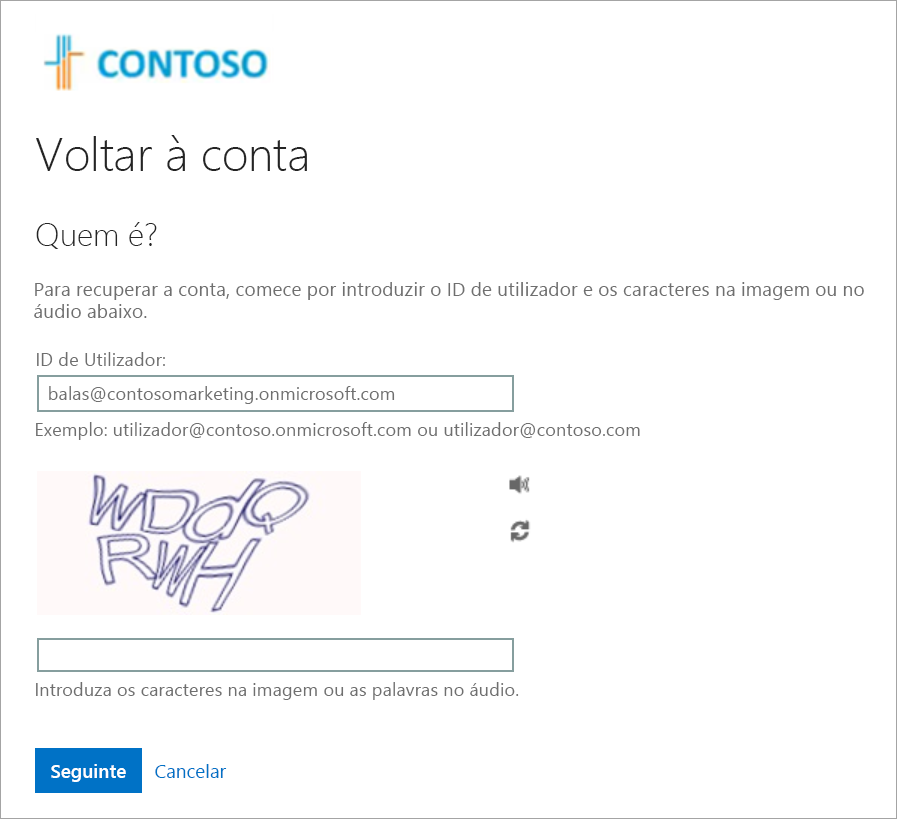 Captura de ecrã a mostrar o logótipo da organização na página de reposição de palavra-passe.