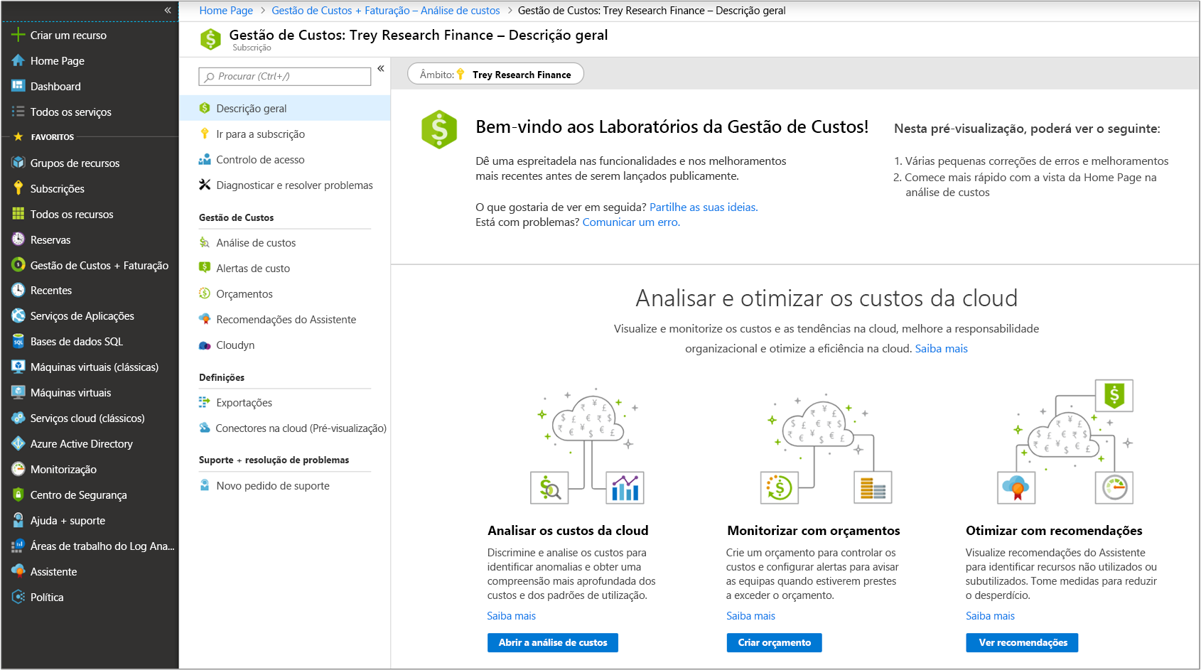 Captura de ecrã da navegação no Portal do Azure para o painel de descrição geral Gestão de Custos do painel de navegação lateral Gestão de Custos + Faturação.