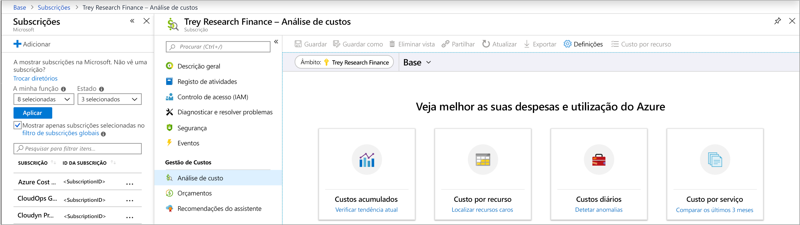 Captura de ecrã da navegação no portal do Azure para o painel Análise de Custos de uma subscrição.