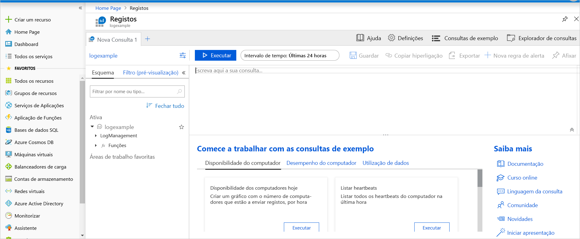 Captura de ecrã do Azure Monitor com um separador de nova consulta aberto.