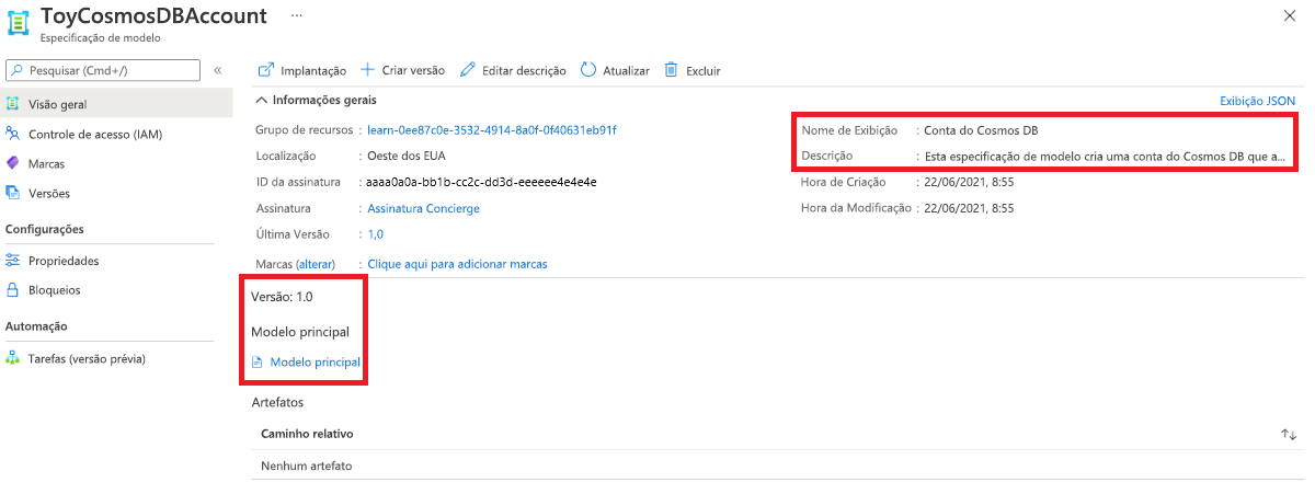 Captura de ecrã da interface do portal do Azure para a especificação do modelo.