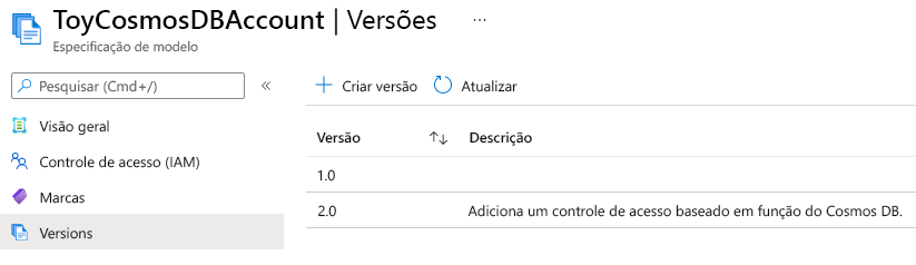 Screenshot of the Azure portal interface for the template spec, showing the list of versions as 1.0 and 2.0.