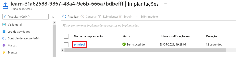 Captura de ecrã da interface do portal do Azure para a implementação específica, sem recursos listados.