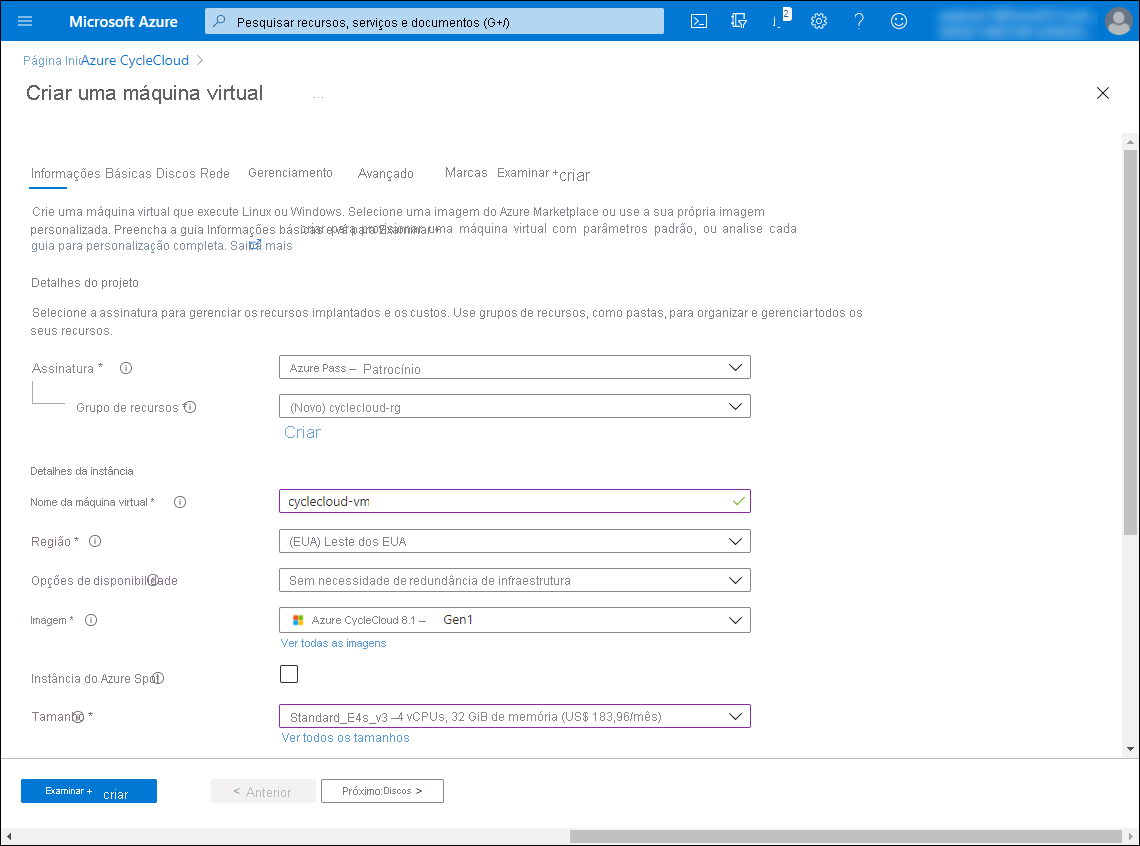 Captura de ecrã a mostrar a secção superior do separador Noções básicas da secção Criar uma máquina virtual no portal do Azure.