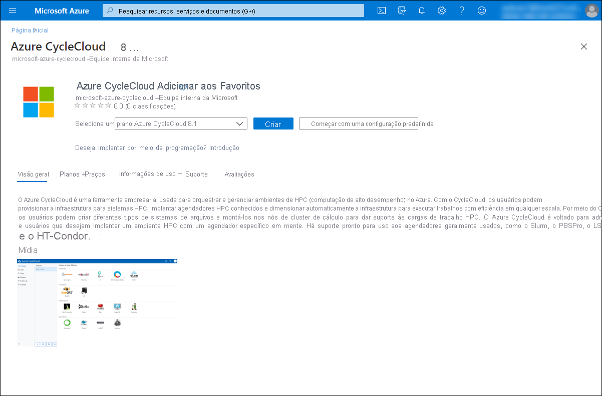 Captura de ecrã a mostrar a secção Criar do Azure CycleCloud no portal do Azure.