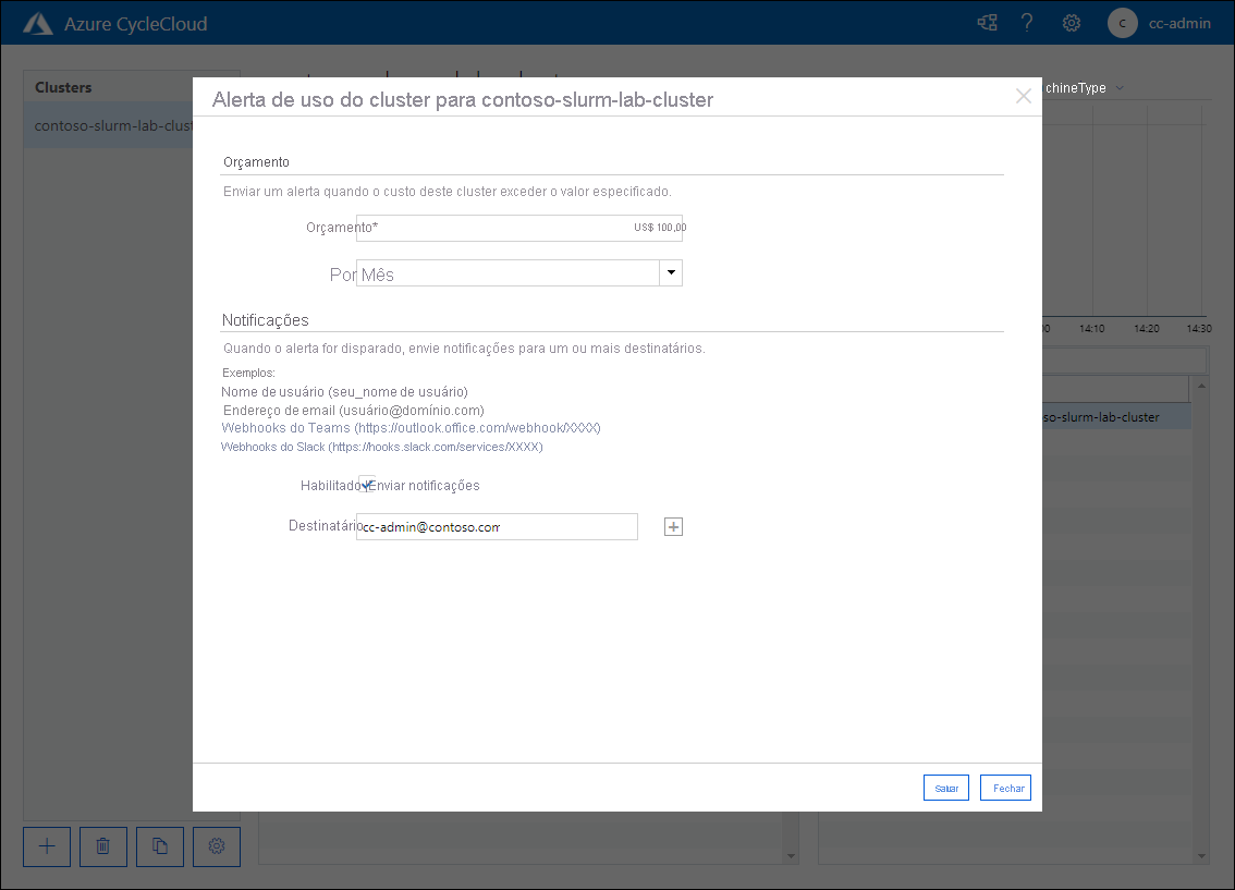 Captura de tela que mostra o alerta de uso de cluster para a janela pop-up contoso-slurm-lab-cluster no aplicativo Web Azure CycleCloud.