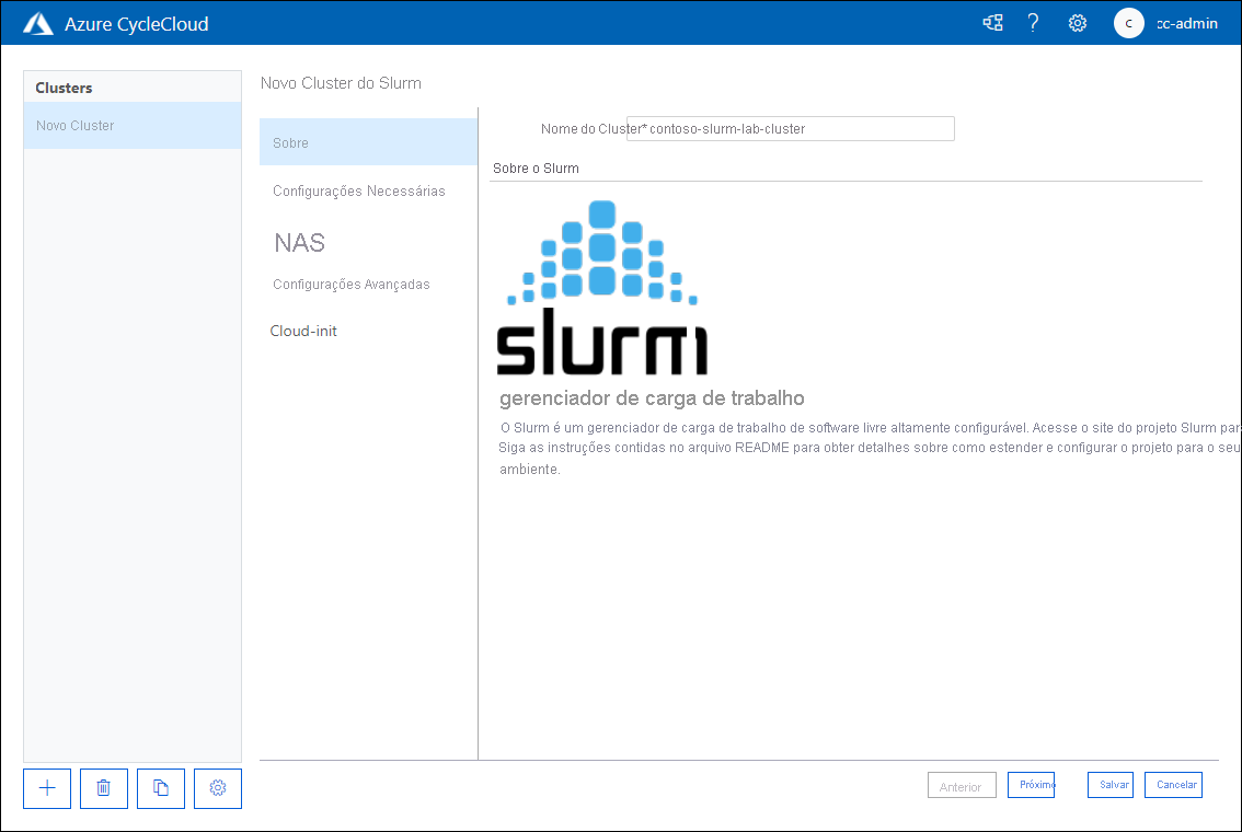 Captura de ecrã que mostra o separador Acerca da página Novo Cluster Slurm da aplicação Web Azure CycleCloud.