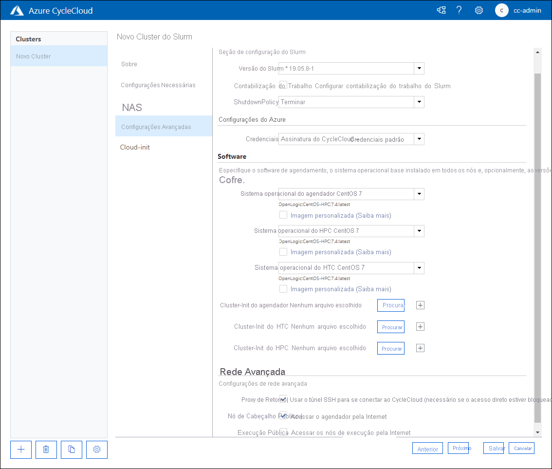 Captura de ecrã que mostra o separador Definições Avançadas da página Novo Cluster Slurm da aplicação Web Azure CycleCloud.