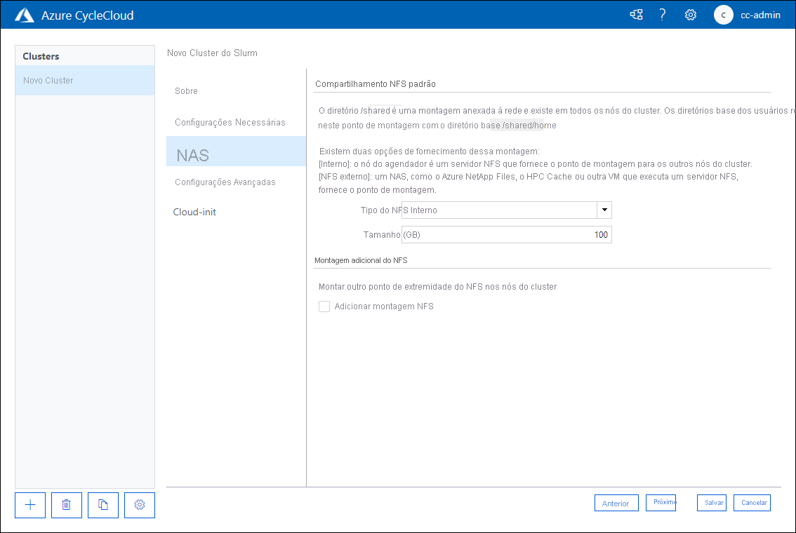 Captura de ecrã que mostra o separador Armazenamento Anexado à Rede da página Novo Cluster Slurm da aplicação Web Azure CycleCloud.