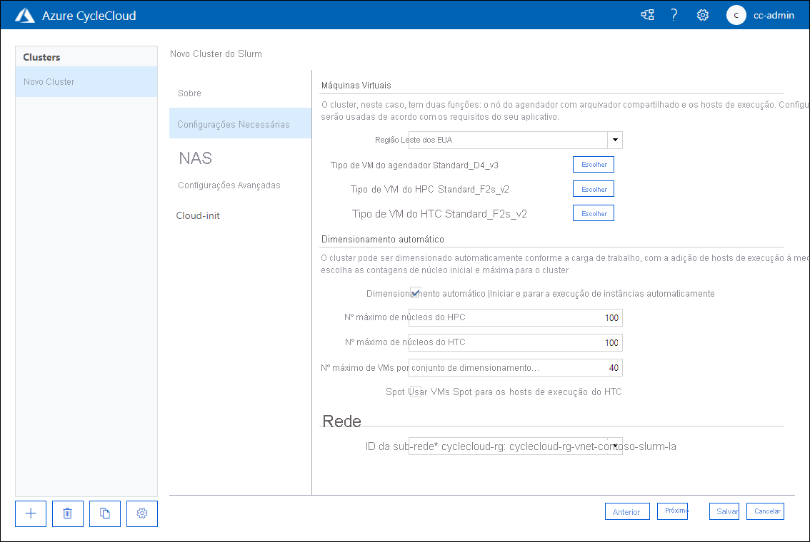 Captura de ecrã que mostra o separador Definições Necessárias da página Novo Cluster Slurm da aplicação Web Azure CycleCloud.