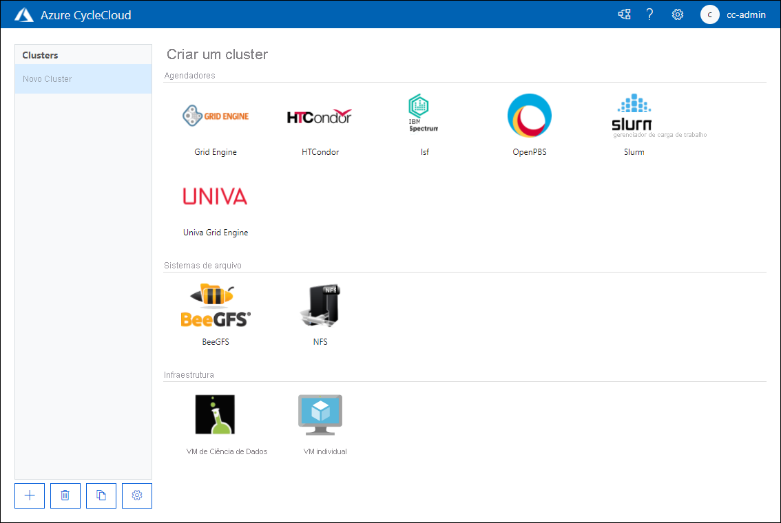 Captura de ecrã que mostra a página Criar um Novo Cluster da aplicação Web Azure CycleCloud.