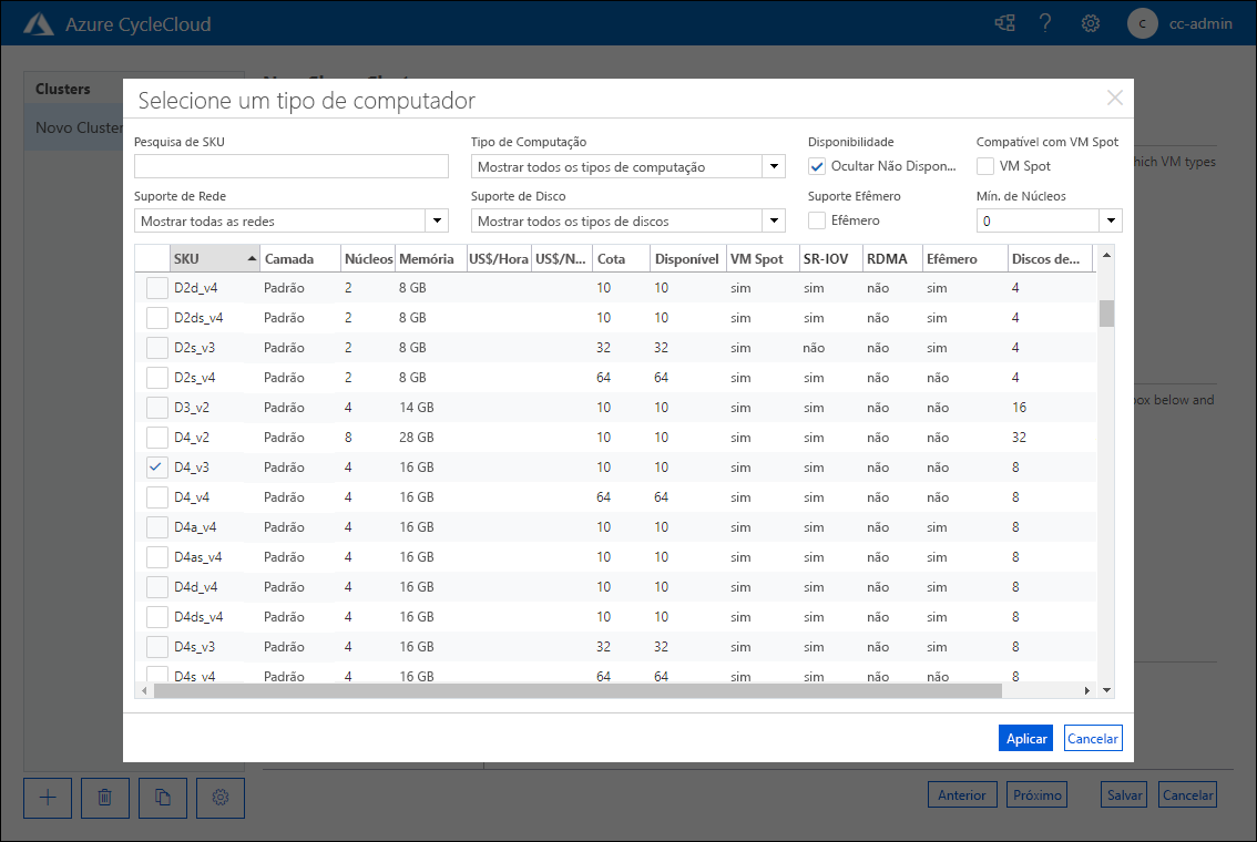 Captura de ecrã que mostra o separador Selecionar uma janela pop-up de tipo de máquina da página Novo Cluster Slurm da aplicação Web Azure CycleCloud.