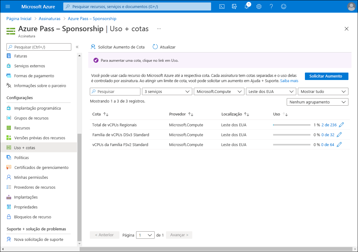 Captura de ecrã que mostra o painel Utilização mais quotas no portal do Azure.