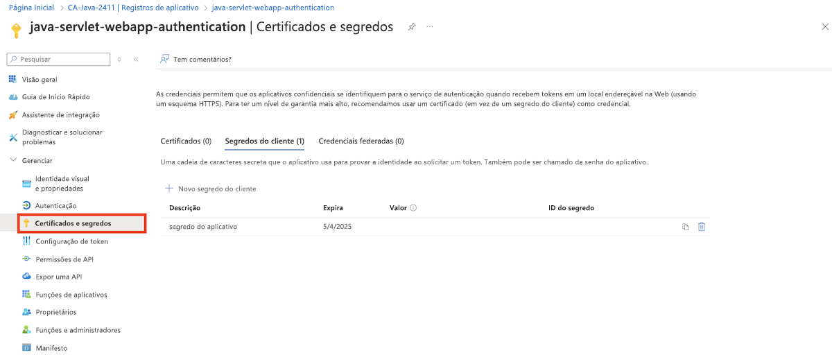 Captura de ecrã a realçar a folha de certificados e segredos de uma aplicação registada com o Microsoft Entra ID no portal do Azure