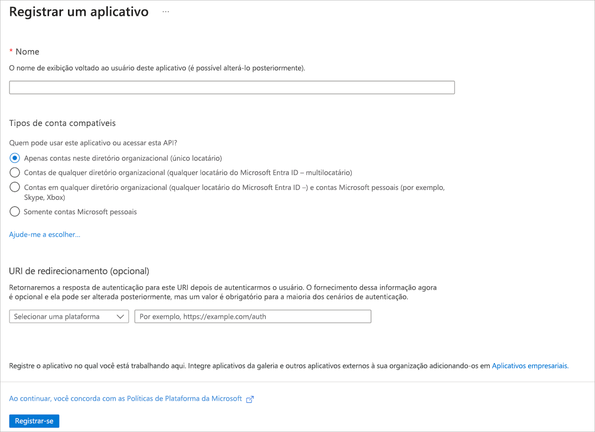 Captura de ecrã a mostrar o registo de uma nova aplicação com o Microsoft Entra ID no portal do Azure.