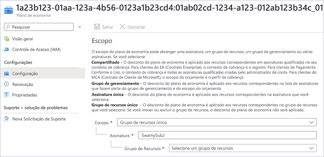 Captura de tela mostrando a descrição do escopo de um escopo compartilhado, um grupo de gerenciamento, uma assinatura ou um grupo de recursos.