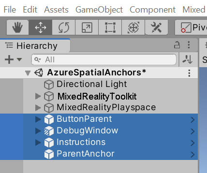 Screenshot of prefabs added to the Hierarchy pane.