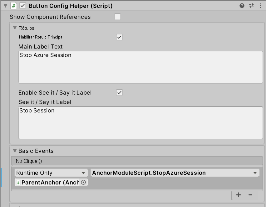 Screenshot of Unity with the StopAzureSession button's OnClick event configured.