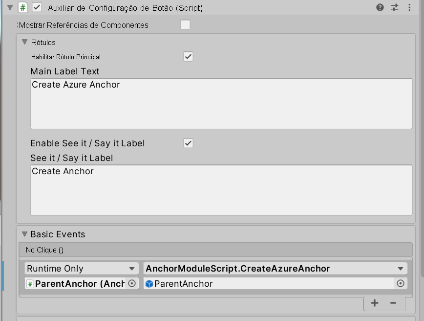 Screenshot of Unity with the CreateAzureAnchor button's OnClick event configured.