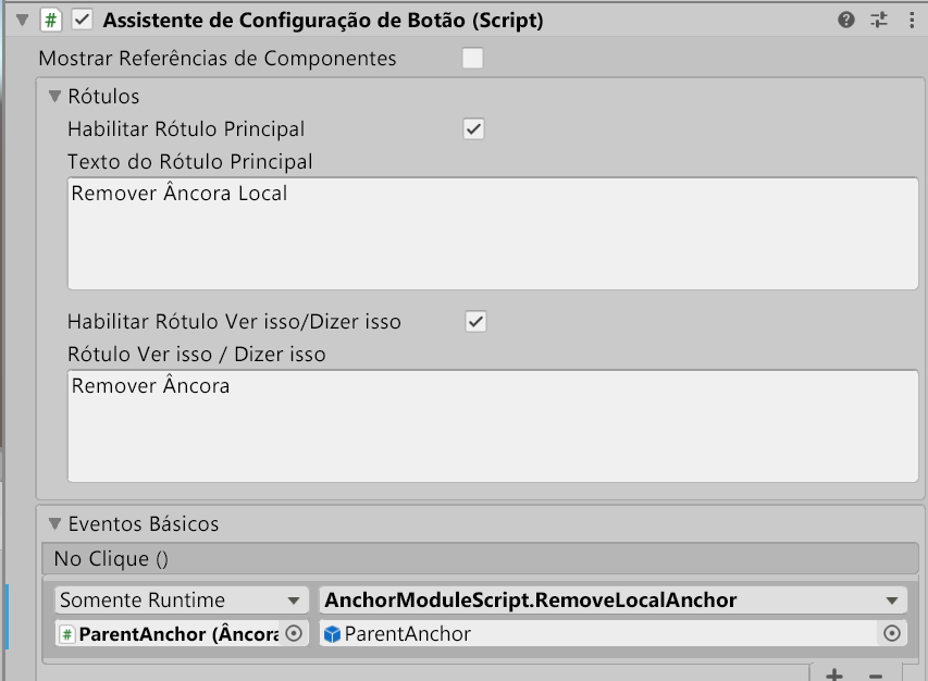 Screenshot of Unity with the RemoveLocalAnchor button's OnClick event configured.