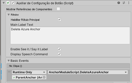 Screenshot of Unity with the DeleteAzureAnchor button's OnClick event configured.