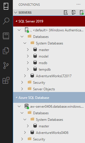 Captura de ecrã a comparar o SQL Server e a Base de Dados SQL no Azure Data Studio.