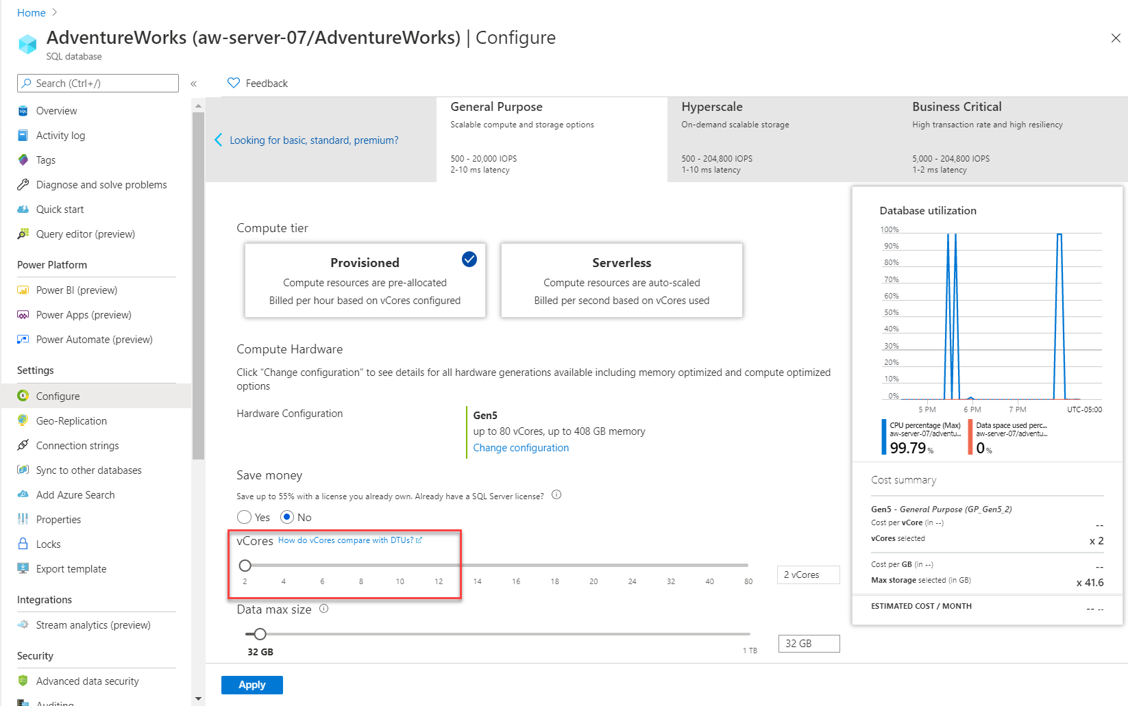 Captura de ecrã a mostrar as opções de computação no portal do Azure.