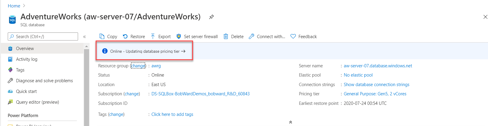 Captura de ecrã a mostrar uma atualização no portal do Azure.