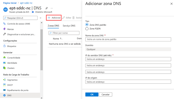 Captura de ecrã do portal do Azure a mostrar onde configurar zonas DNS em Rede de Carga de Trabalho.