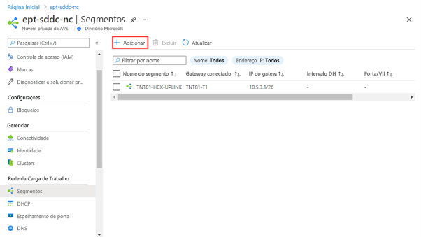 Captura de ecrã do portal do Azure a mostrar como adicionar um segmento de rede do NSX-T Manager.