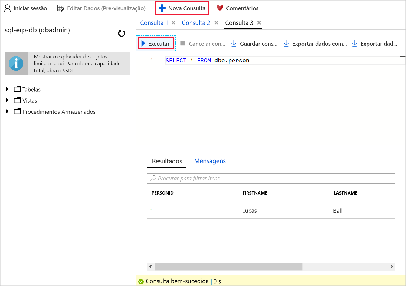 Captura de tela do editor de consultas com T-SQL para consultar a tabela person no banco de dados sql-erp-db. Um texto explicativo realça o botão Executar.