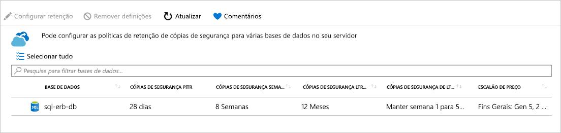 Captura de ecrã a mostrar as definições de uma política de retenção de longo prazo configurada.