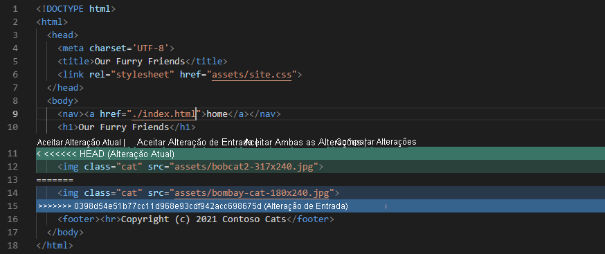 Captura de tela que mostra como resolver conflitos de mesclagem no Visual Studio Code.