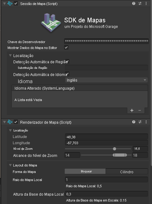 Captura de ecrã do Design prefab do Bing Maps com o script de renderizador de mapa selecionado.