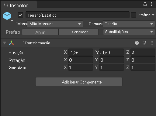 Captura de tela do inspetor Unity com o pré-fabricado de terreno estático selecionado e o componente de transformação em exibição.