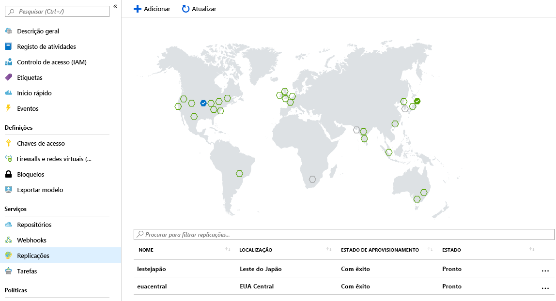 Captura de ecrã do mapa mundial do registo de contentores do Azure a mostrar localizações replicadas e disponíveis.